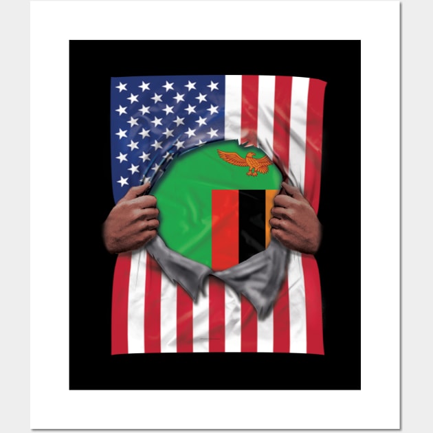 Zambia Flag American Flag Ripped - Gift for Zambian From Zambia Wall Art by Country Flags